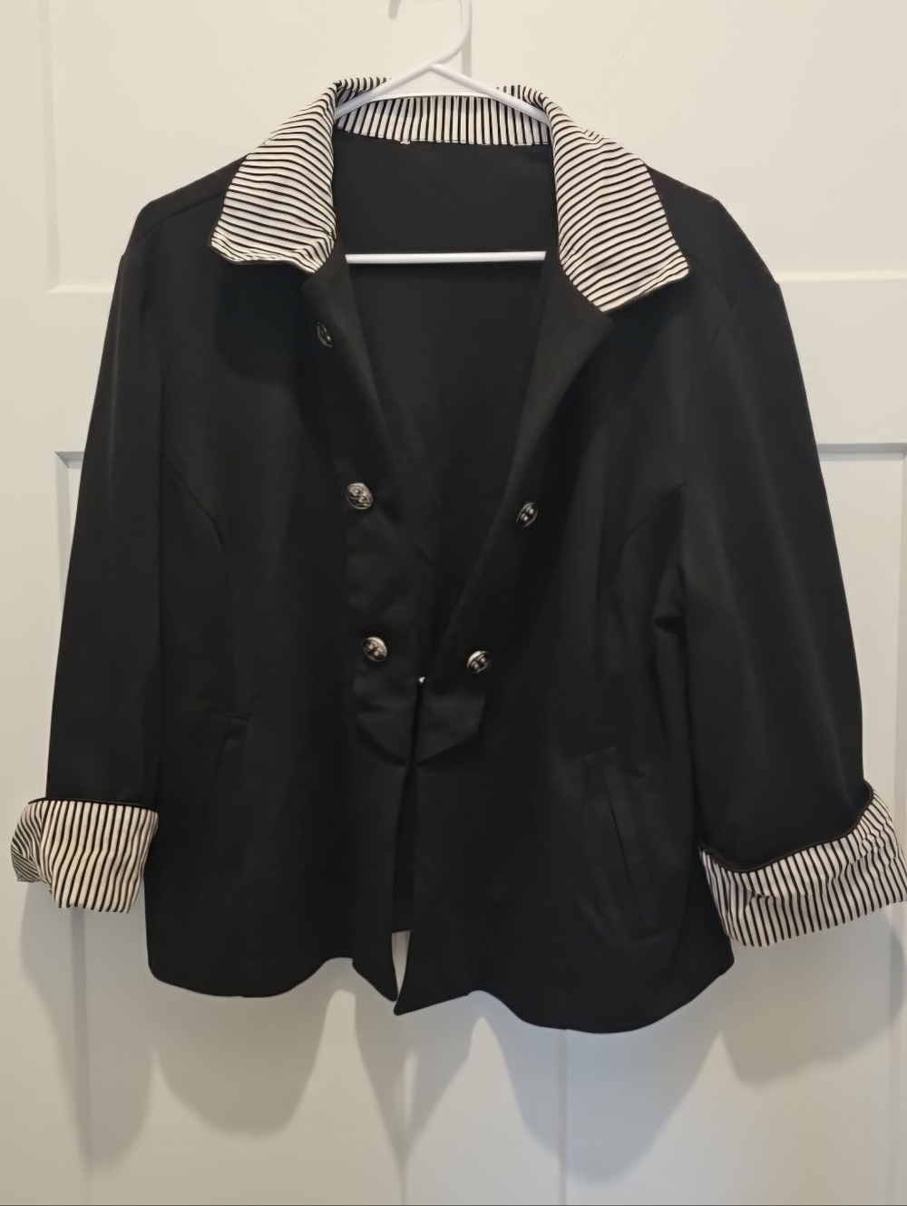 Black With Striped Collared Jacket Long Sleeve Woman’s Large Hook & Eye Closure